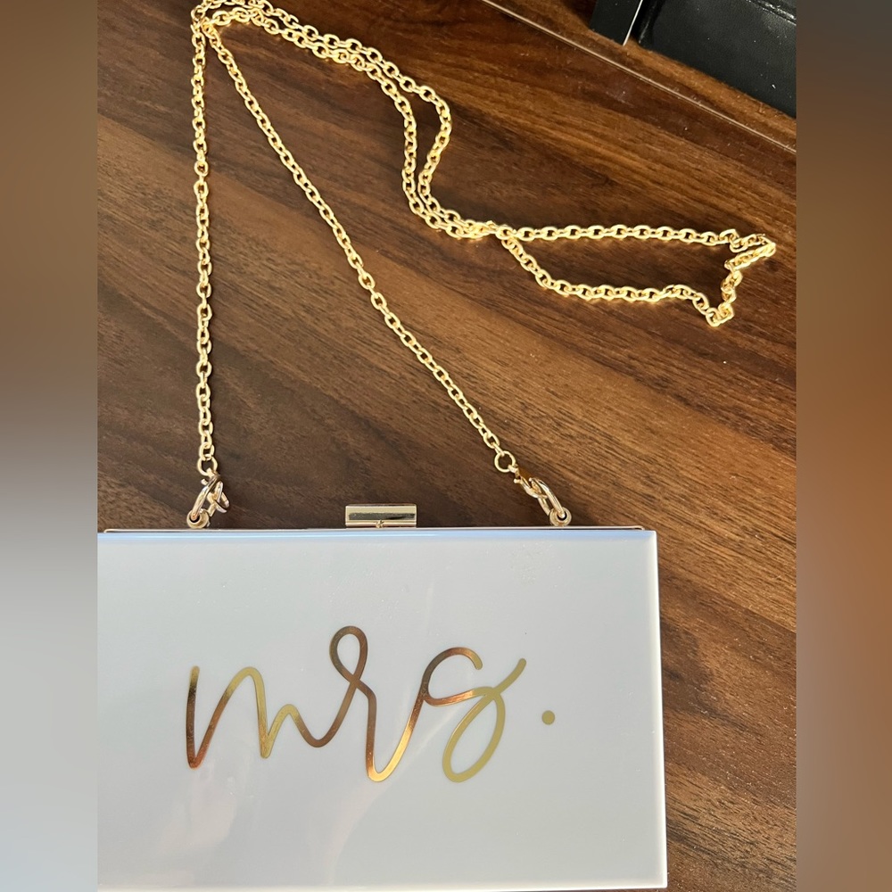 White “Mrs” bachelorette clutch with chain